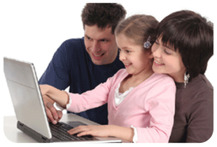 Girl with parents and computer